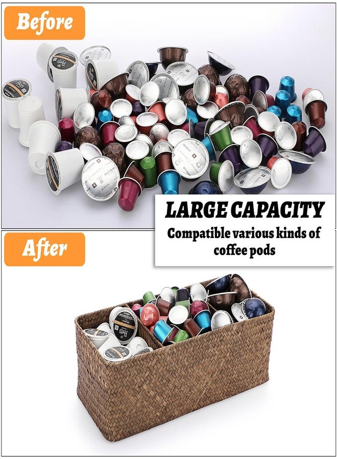 ELLDOO Coffee Pod Holder, Large Capacity Coffee Pod Organizer for K Cup Nespresso Pods, Hand-Woven Seagrass Storage Basket, 3-Section Wicker Baskets for Shelves Closets, Coffee - Image 3